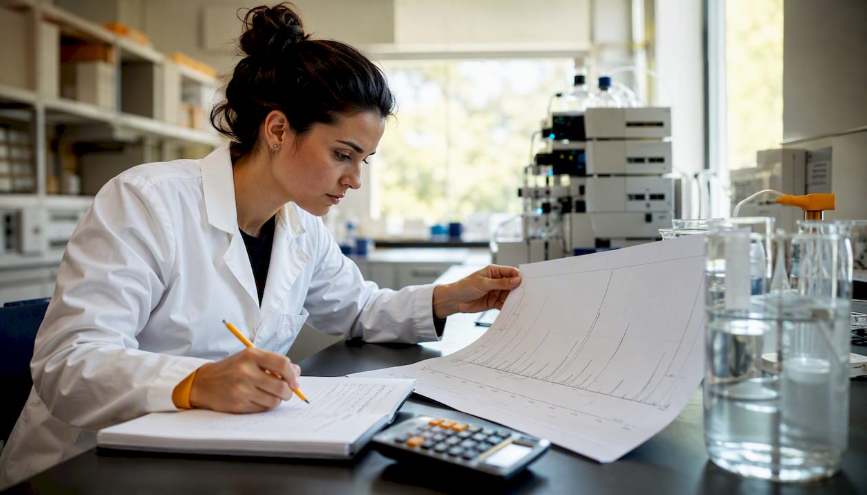 Een laborant bekijkt in het lab aandachtig de afdruk van een HPLC-chromatogram om de resultaten te analyseren.