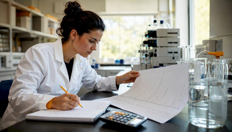 Een laborant bekijkt in het lab aandachtig de afdruk van een HPLC-chromatogram om de resultaten te analyseren.