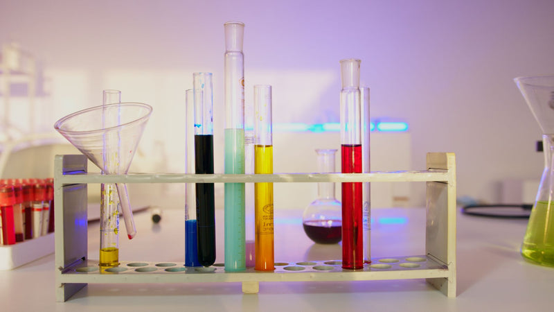 Reageerbuisjes met gekleurde vloeistoffen in een modern laboratorium