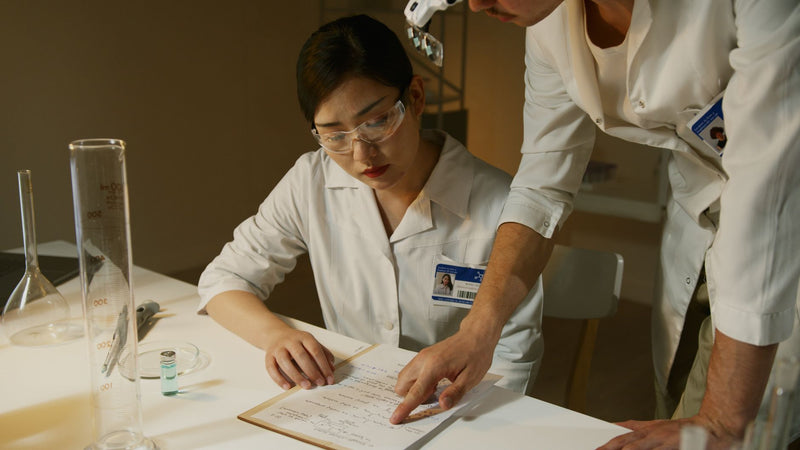 Onderzoekers in labjassen bestuderen documentatie tijdens een laboratoriumonderzoek